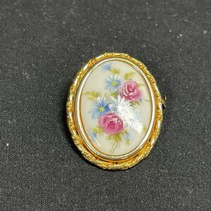 Limoges Floral Brooch Hand Painted Slide Locking Pin Vtg